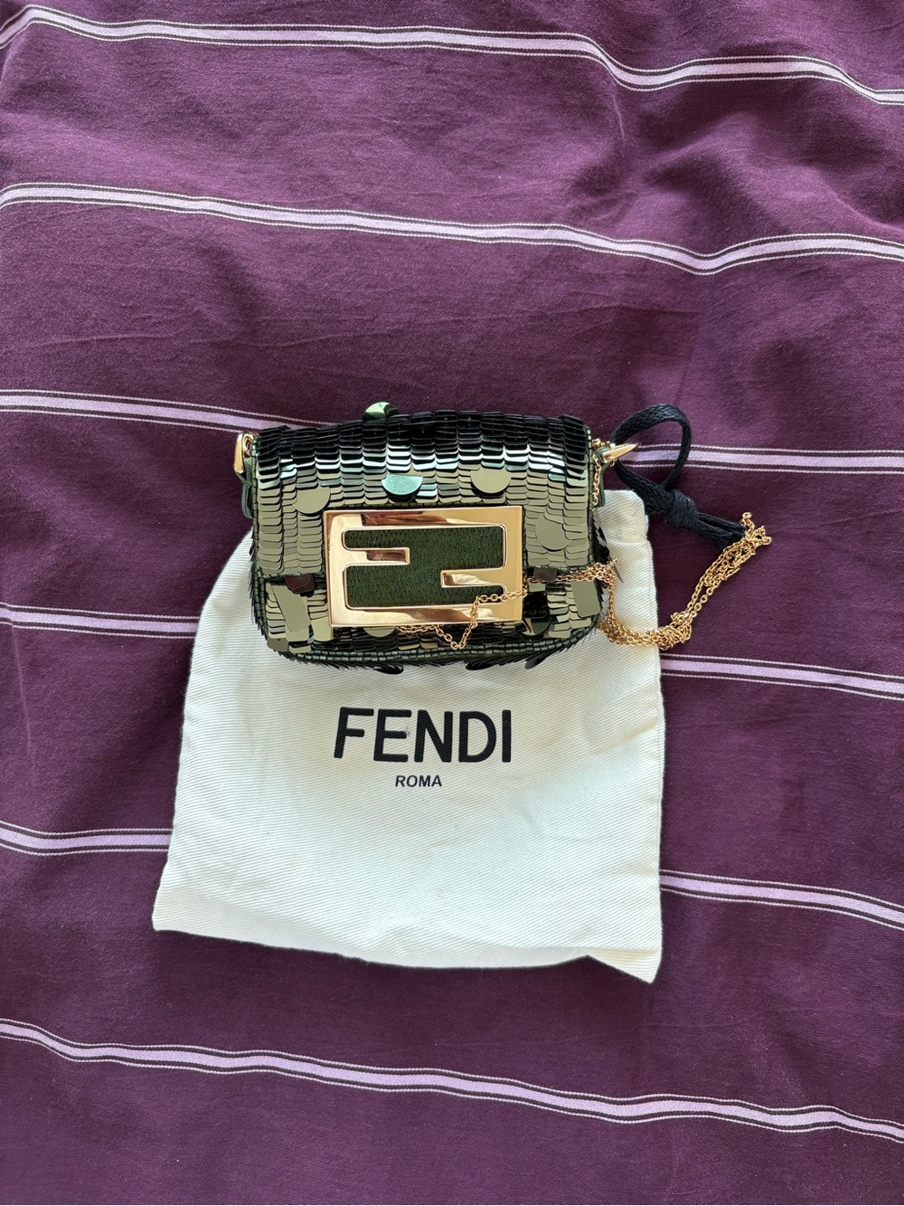 Fendi Mini Sequined Baguette Bag in Green and Gold